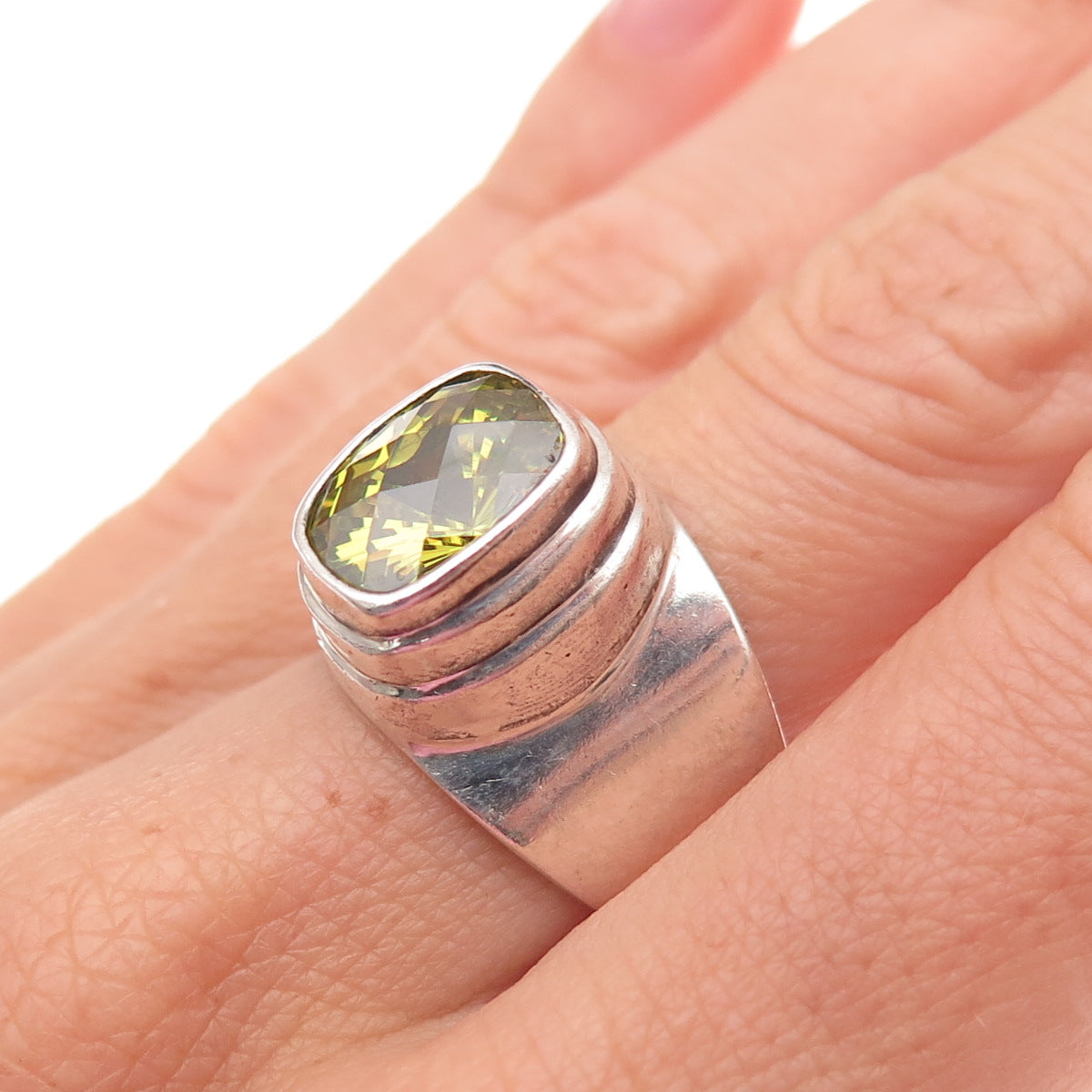 925 Sterling Silver Vintage Real Lemon Quartz Modernist Oxidized Ring Size 7