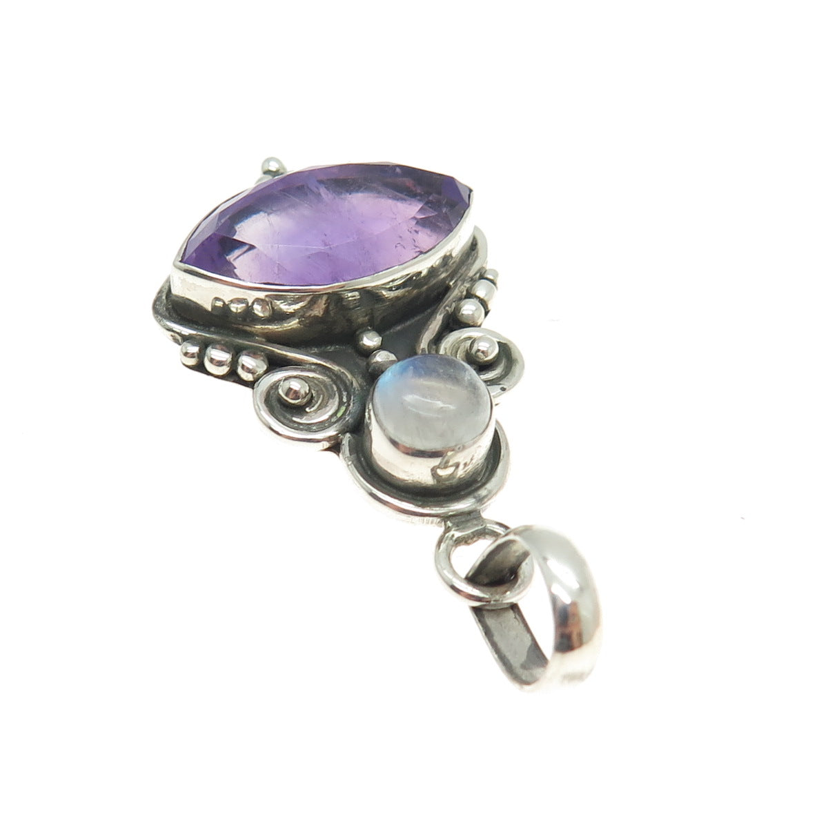 925 Sterling Silver Vintage Real Amethyst & Moonstone Gem Boho/Ethnic Pendant