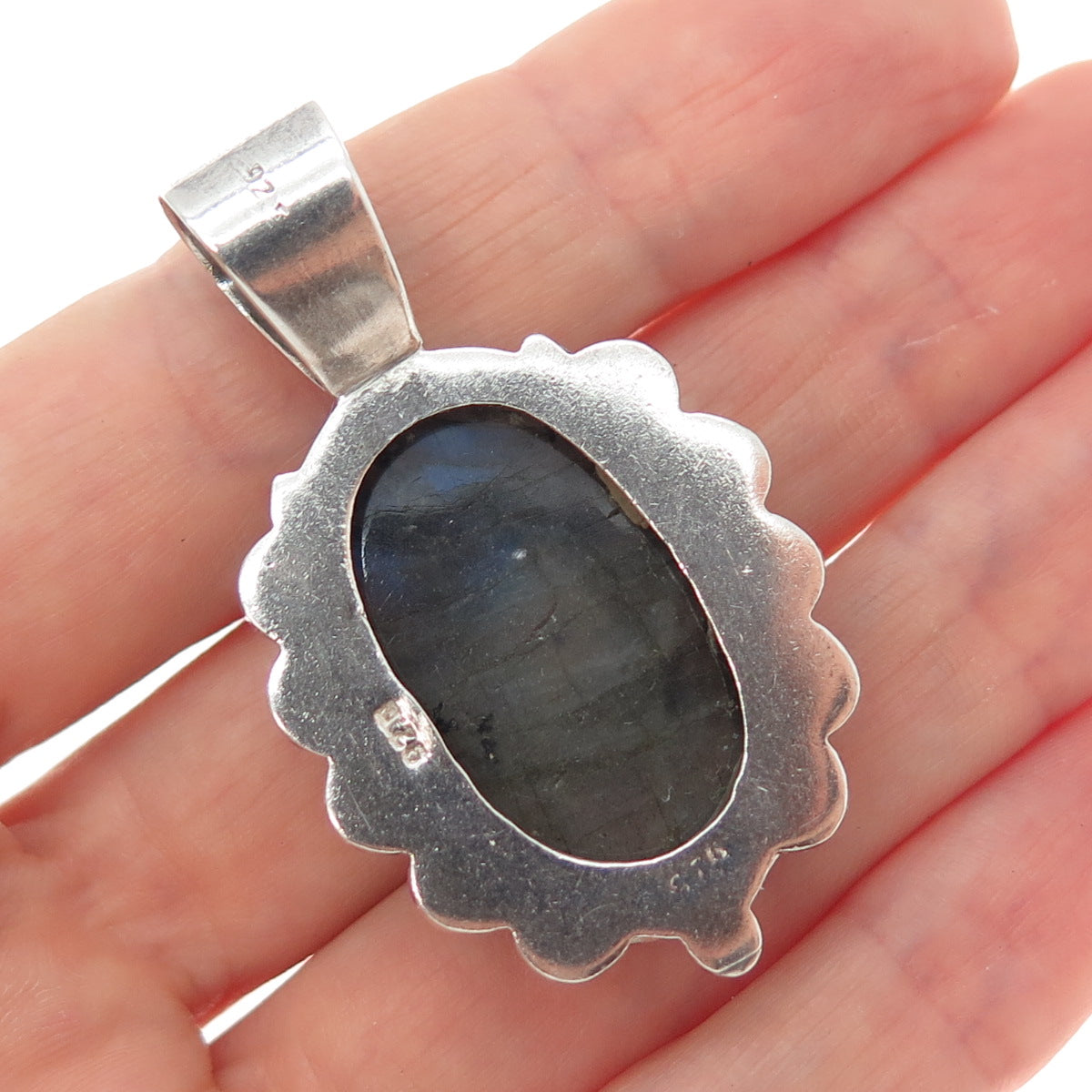 925 Sterling Silver Vintage Real Labradorite Modernist Oxidized Charm Pendant