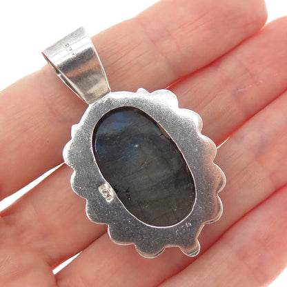 925 Sterling Silver Vintage Real Labradorite Modernist Oxidized Charm Pendant