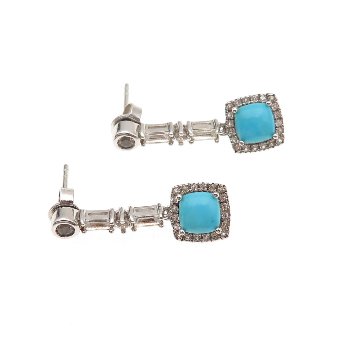 925 Sterling Silver Real Sleeping Beauty Turquoise & White Topaz Dangle Earrings