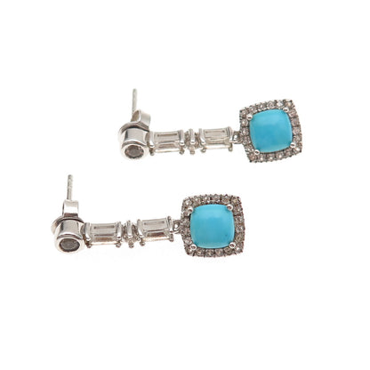 925 Sterling Silver Real Sleeping Beauty Turquoise & White Topaz Dangle Earrings