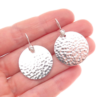 925 Sterling Silver Real Pearl Hammered Disc Dangle Earrings