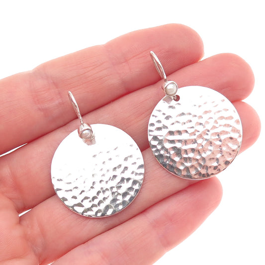 925 Sterling Silver Real Pearl Hammered Disc Dangle Earrings