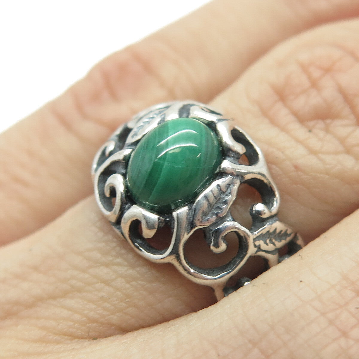 SHUBE 925 Sterling Silver Vintage Real Malachite Gem Leaf Swirl Ring Size 6.25