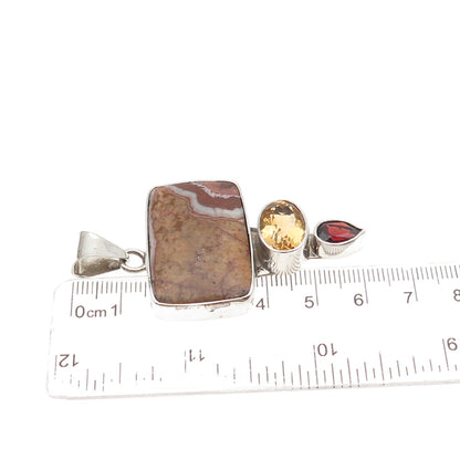 Charles Albert 925 Sterling Vintage Real Agate Citrine Garnet Modernist Pendant