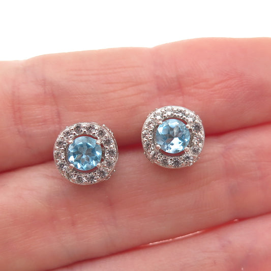 925 Sterling Silver Vintage Real Round-Cut Blue & White Topaz Stud Earrings