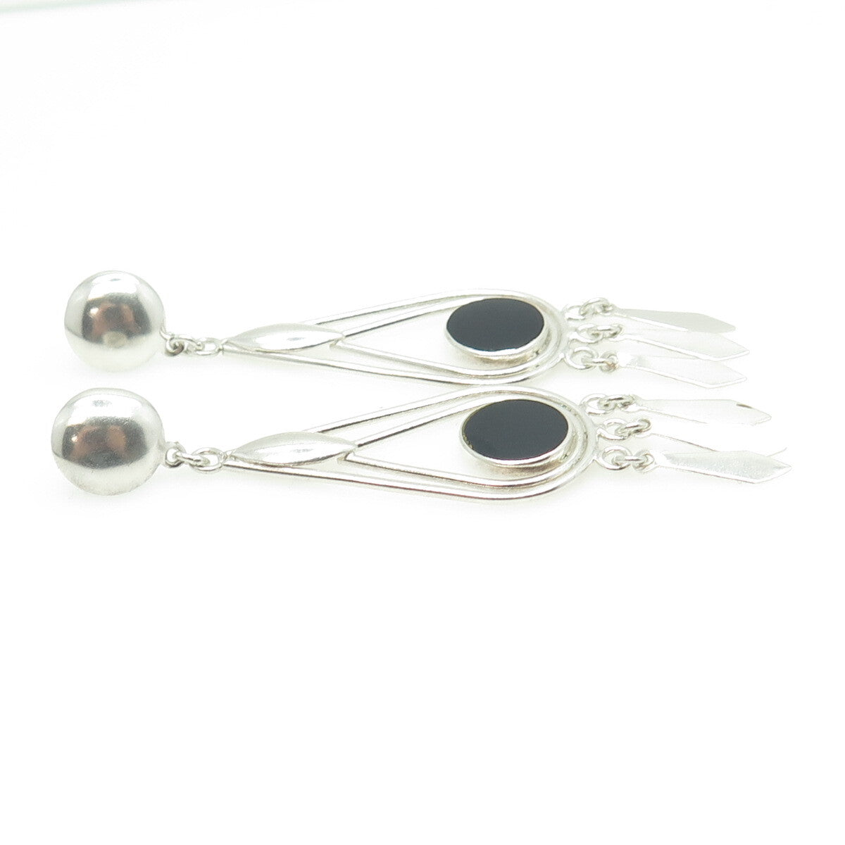 925 Sterling Silver Vintage Real Black Onyx Dangling Earrings