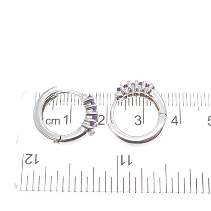 925 Sterling Silver Real Emerald-Cut Amethyst Hoop Earrings