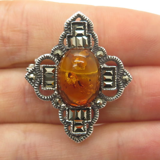 CHARLES WINSTON Sterling Silver Vintage Real Amber & Marcasite Cross Pin Pendant