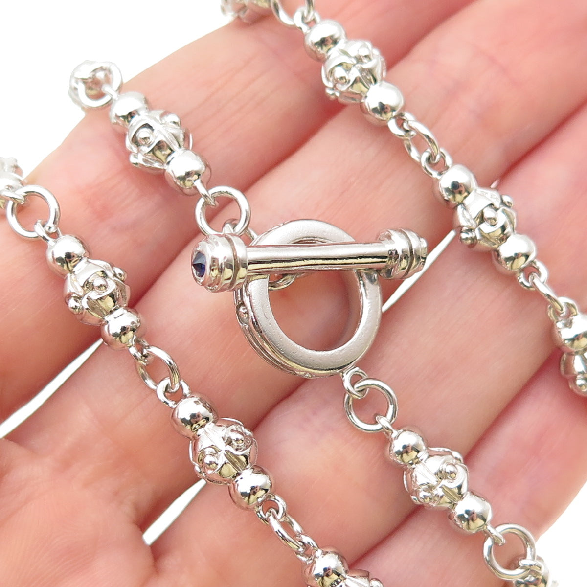 JOLUSA 925 Sterling Silver Real Sapphire Anchor Beaded Chain Necklace 24"