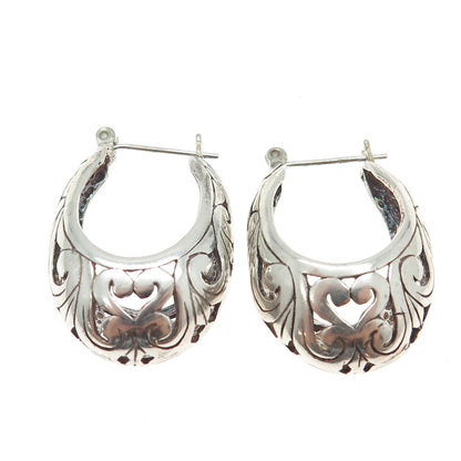 925 Sterling Silver Vintage Ornate Hinged Hoop Earrings