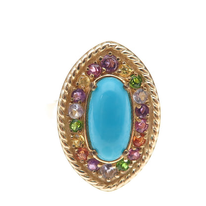 D'Joy 925 Sterling Silver Gold Plated Real Turquoise & Multi-Gem Ring Size 8