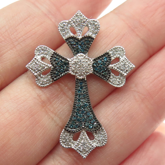 925 Sterling Silver Real Blue & White Diamond Fleur de Lis Cross Slide Pendant