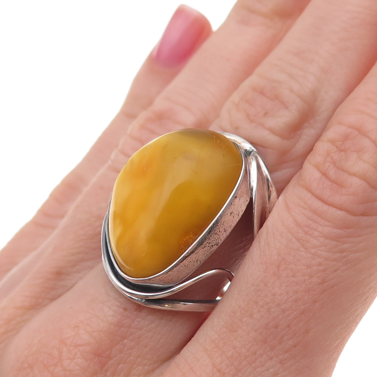 925 Sterling Vintage Real Butterscotch Amber Modernist Adjustable Ring Size 6