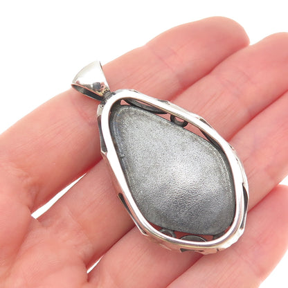 925 Sterling Silver Vintage Real Cherry Amber Modernist Floral Oxidized Pendant