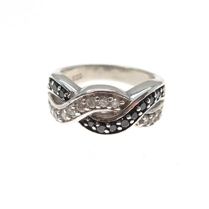 925 Sterling Silver Real Black Spinel & C Z Twisted Infinity Ring Size 6.25