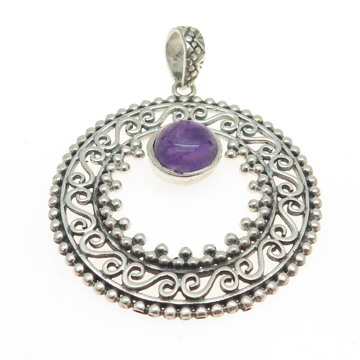 925 Sterling Silver Vintage Real Amethyst Swirl Granulated Pendant
