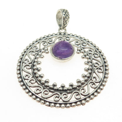 925 Sterling Silver Vintage Real Amethyst Swirl Granulated Pendant