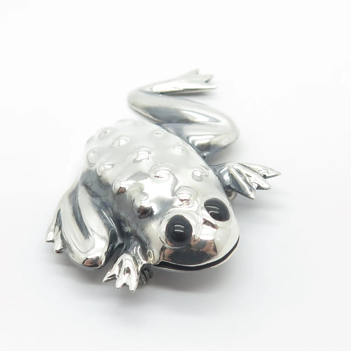 925 Sterling Silver Vintage Mexico Black Onyx Gem Frog For Good Luck Pin Brooch