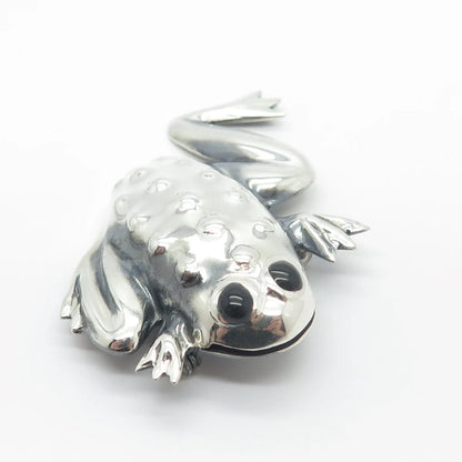 925 Sterling Silver Vintage Mexico Black Onyx Gem Frog For Good Luck Pin Brooch