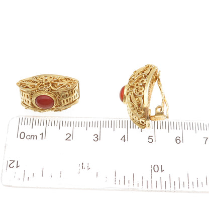925 Sterling Silver Gold Plated Vintage Real Carnelian Clip On Earrings