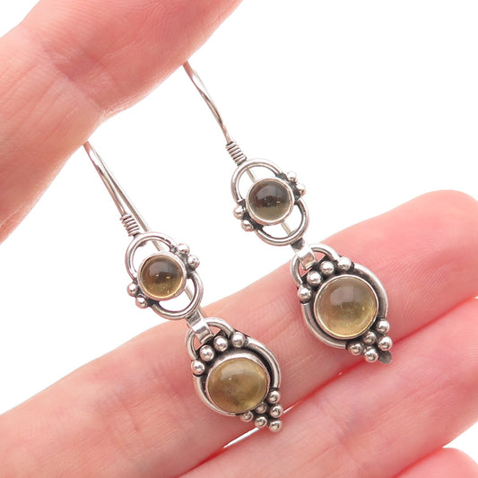 925 Sterling Silver Vintage Real Yellow Quartz Beaded Oxidized Dangle Earrings