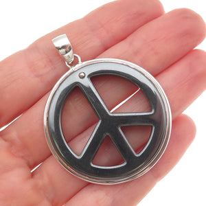 925 Sterling Silver Vintage Real Hematite Peace Symbol Pendant