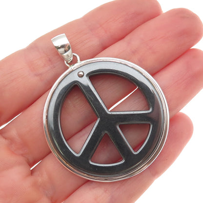 925 Sterling Silver Vintage Real Hematite Peace Symbol Pendant