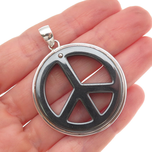 925 Sterling Silver Vintage Real Hematite Peace Symbol Pendant