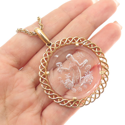 CROWN TRIFARI Gold Plated Vintage Glass Floral Lady Cameo Necklace 20"