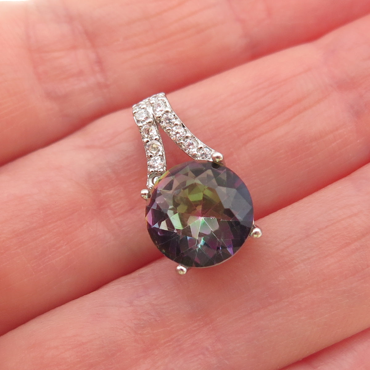 925 Sterling Silver Real Round-Cut Mystic Quartz & C Z Mini Slide Charm Pendant