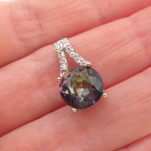 925 Sterling Silver Real Round-Cut Mystic Quartz & C Z Mini Slide Charm Pendant