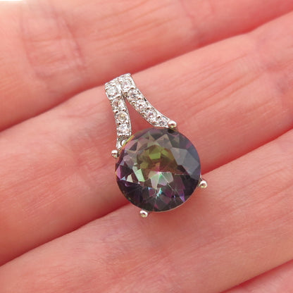 925 Sterling Silver Real Round-Cut Mystic Quartz & C Z Mini Slide Charm Pendant