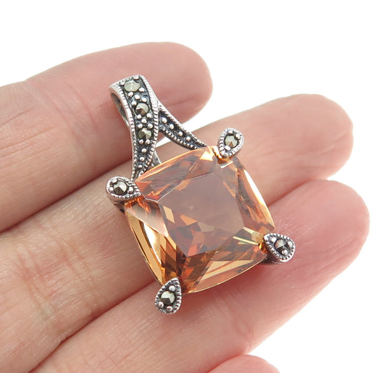 925 Sterling Silver Vintage Real Marcasite & Cognac Cushion-Cut C Z Pendant