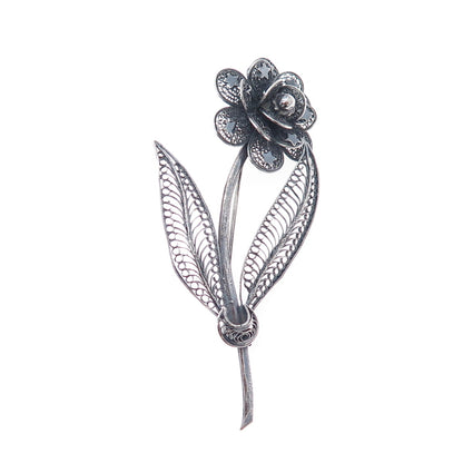 925 Sterling Silver Vintage Flower Filigree Oxidized Pin Brooch