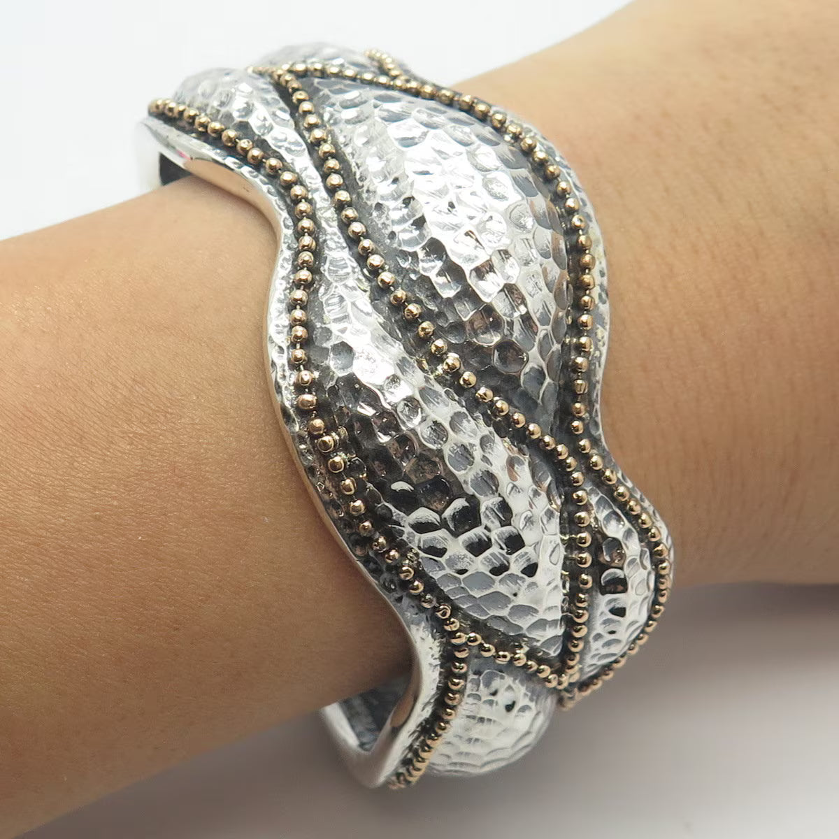 925 Sterling Silver 2-Tone Vintage Haggai Hammered Adjustable Cuff Bracelet 7"