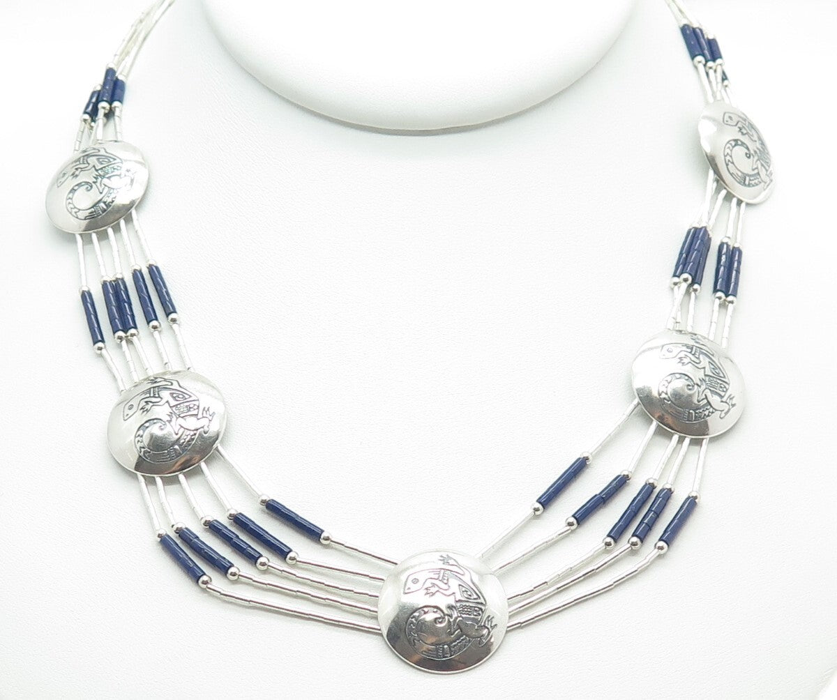Old Pawn Sterling Silver Lapis Lazuli Lizard Concho 5-Liquid Chain Necklace 20"