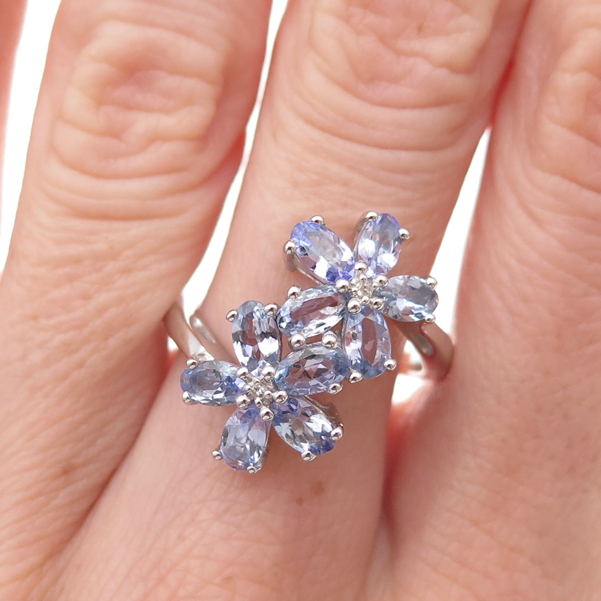 925 Sterling Silver Real Diamond & Tanzanite Floral Ring Size 8