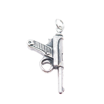 925 Sterling Silver Vintage Luger Pistol Oxidized Charm Pendant
