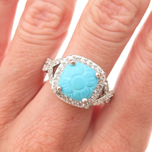 D'Joy 925 Sterling Real Sleeping Beauty Turquoise White Topaz Floral Ring Size 8