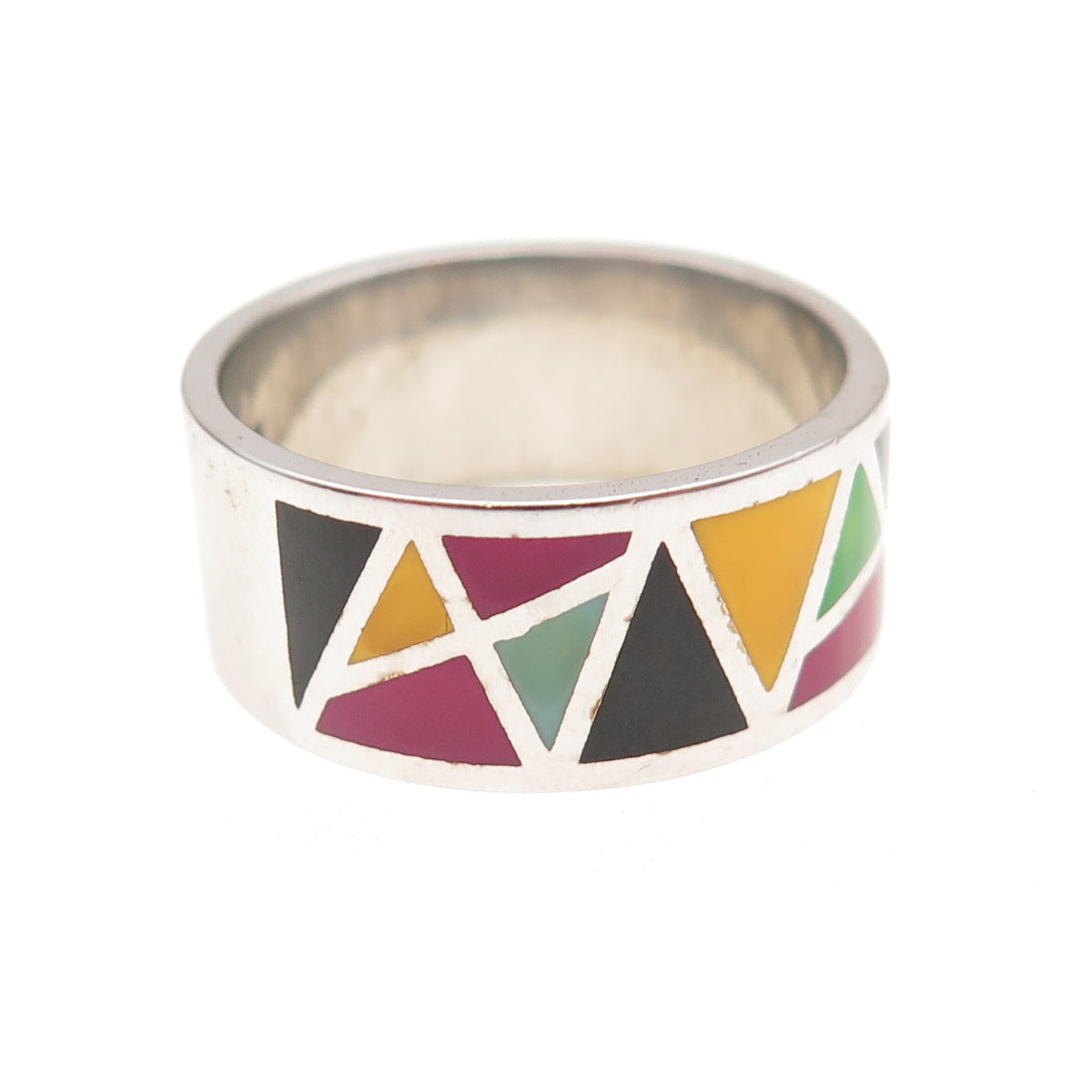 925 Sterling Silver Vintage Enamel Modernist Geometric Band Ring Size 8.25