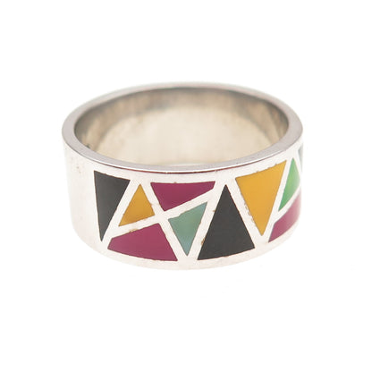 925 Sterling Silver Vintage Enamel Modernist Geometric Band Ring Size 8.25