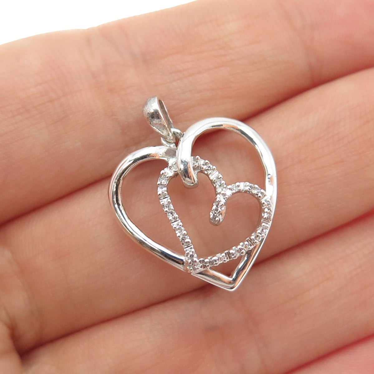 925 Sterling Silver Real Round-Cut Diamond Couple Heart Mini Charm Pendant