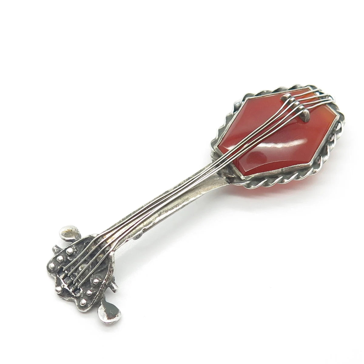 925 Sterling Silver Vintage Real Carnelian Banjo Musical Instrument Pin Brooch