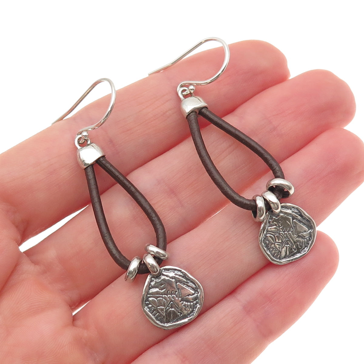 Silpada 925 Sterling Silver Vintage Brown Leather Prairie Girl Disc Earrings