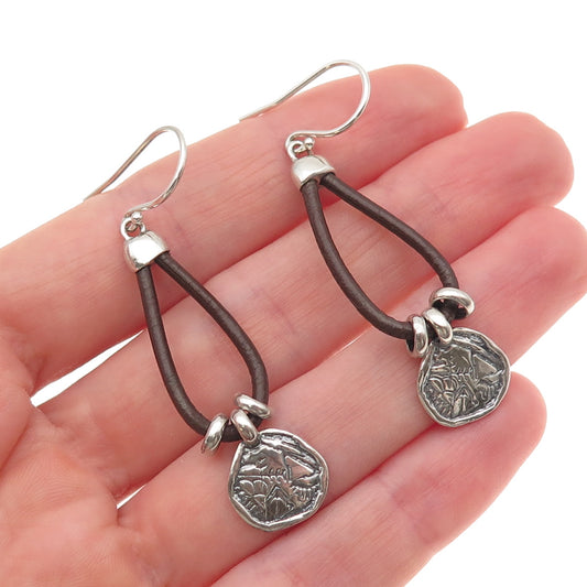 Silpada 925 Sterling Silver Vintage Brown Leather Prairie Girl Disc Earrings