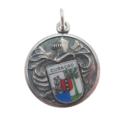 925 Sterling Silver Vintage Enamel Curacao Caribbean Island Tag Charm Pendant