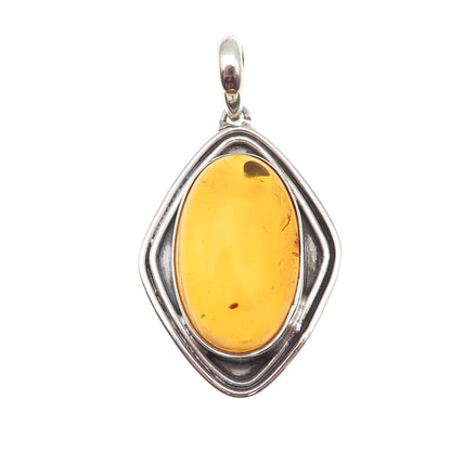 925 Sterling Silver Vintage Real Amber Modernist Oxidized Pendant