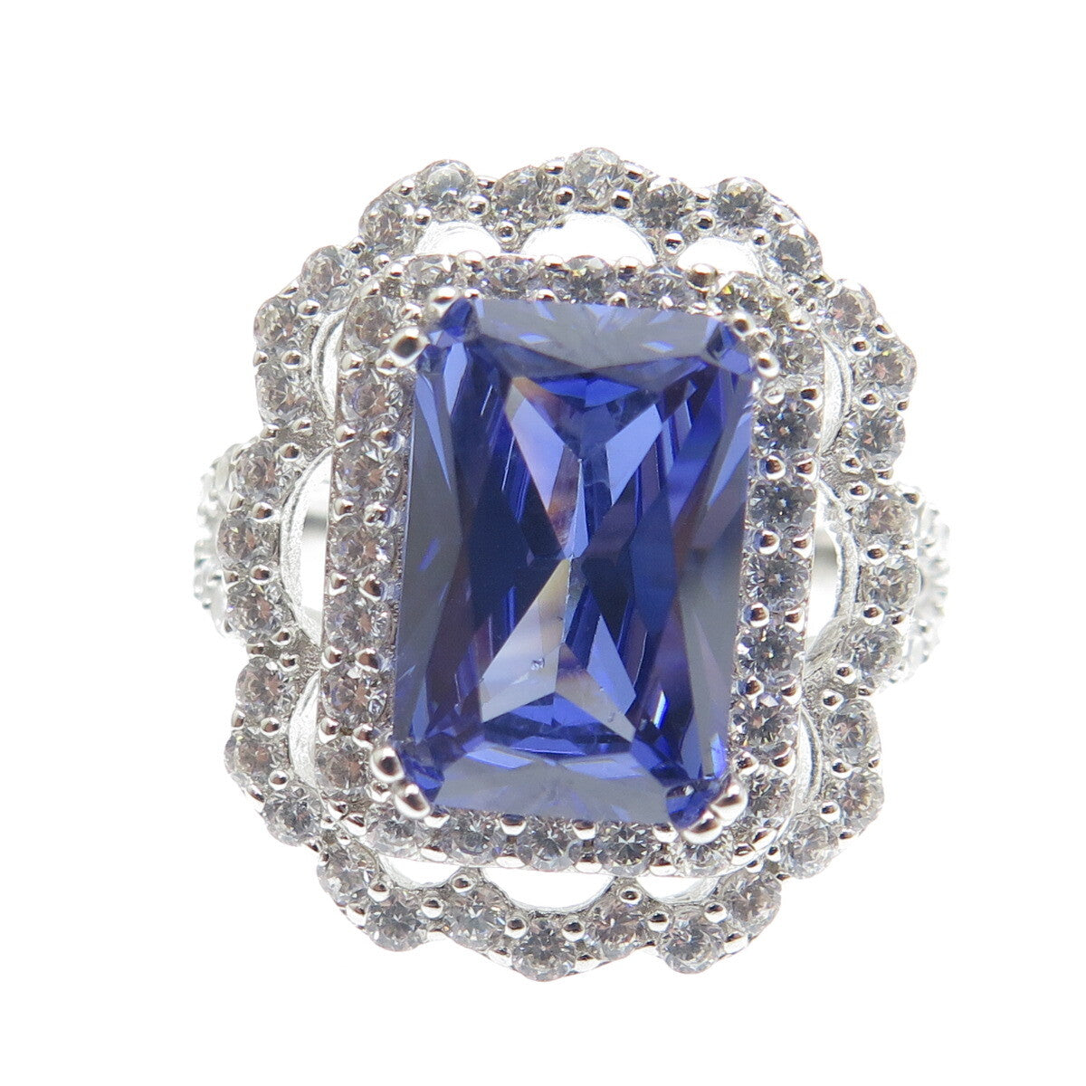 DSMK 925 Sterling Blue Radiant-Cut & White Round-Cut Shaped C Z Ring Size 7